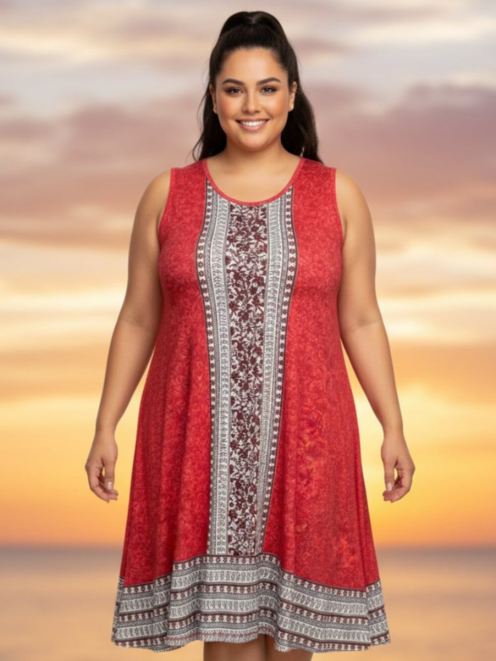 Style & Co 1X Red Border Print A-Line Dress Sleeveless Boho Knit